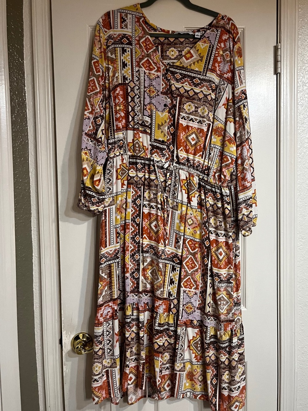 Canyon Retreat Boho Patchwork Print Long Sleeve Dress - Rust & Mustard